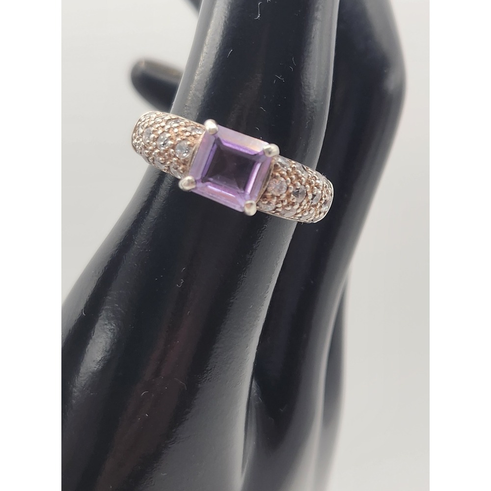 JC 925 Sterling Silver Princess Cut Amethyst Pave Cubic Zirconia Ring Size 6.5 - Picture 3 of 7